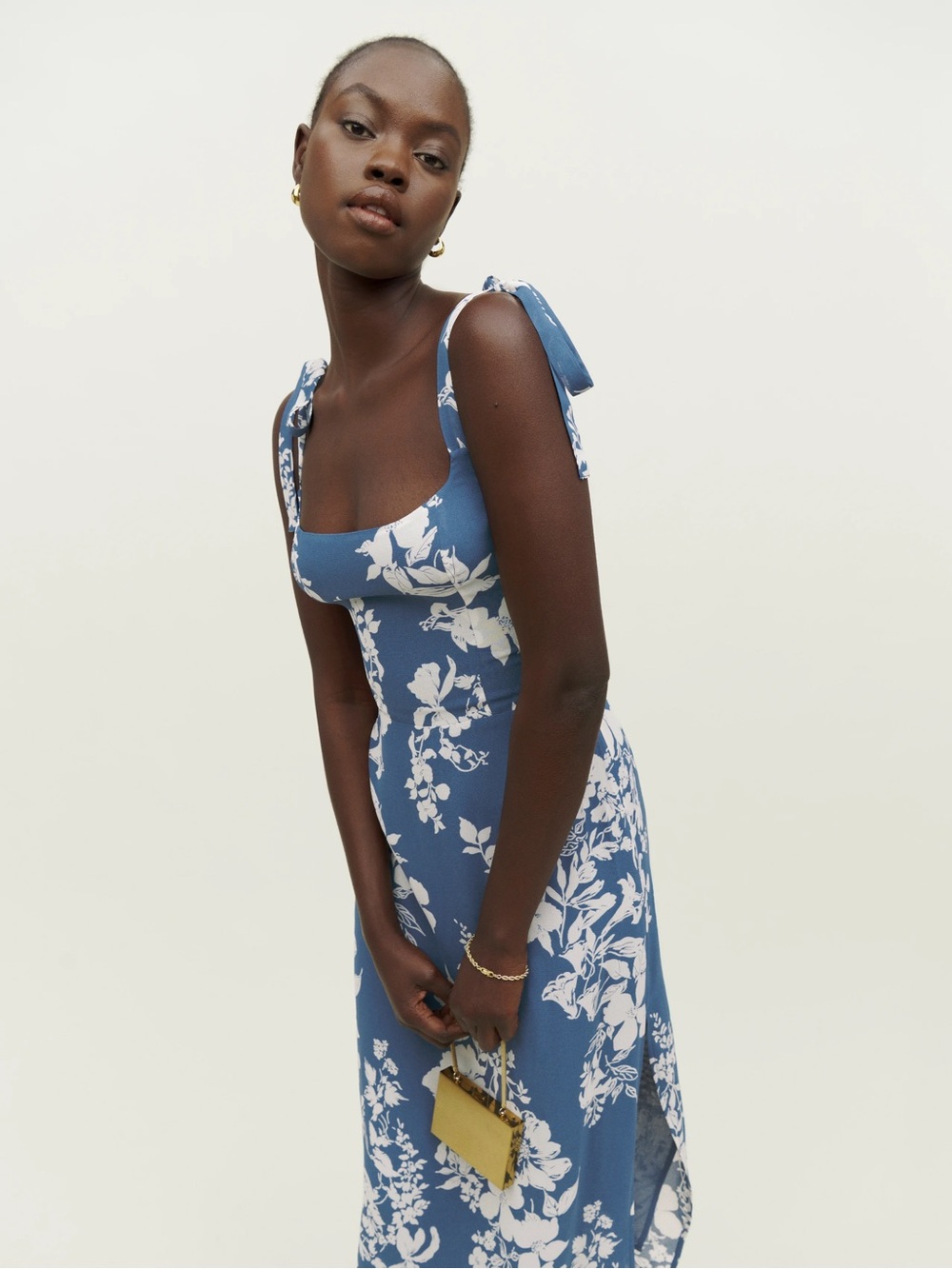 Reformation Besse Tie-detailed Floral Print Midi Dress in Cyanotype SZ 0